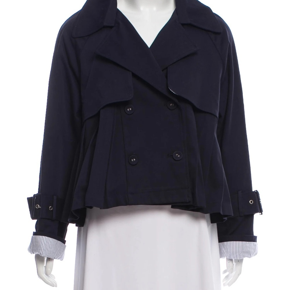 Sea New York Navy Double-Breasted Crop Trench Coat Pleated, Sz M